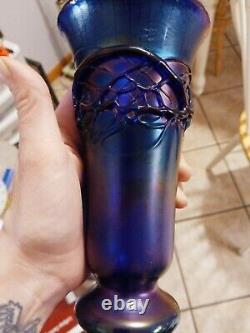Cobalt Blue Carnival Glass, Iridescent Glass Snake Vase, Austrian Loetz
