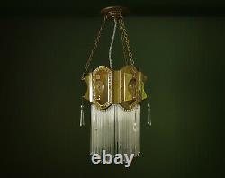 Genuine Antique Secessionist Brass Pendant Lamp with Tube & Pyramid Lustre Drops