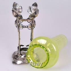 German Wmf Jugendstil Art Nouveau Silver Plated Brass Vase Vaseline Glass Insert