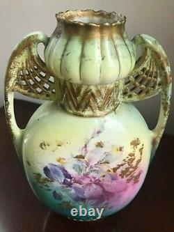 Gorgeous! Antique GiltHand Painted Austrian Porcelain Pierced Handled Vase