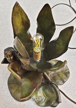 Gustav Gurschner Art Nouveau Bronze Lily Pad Flower Lamp withLoetz Shade Signed