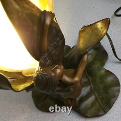 Gustav Gurschner Art Nouveau Bronze Lily Pad Flower Lamp withLoetz Shade Signed