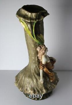 Imperial Amphora Turn Austria, Lg Art Nouveau Figural Vase with reclining figure