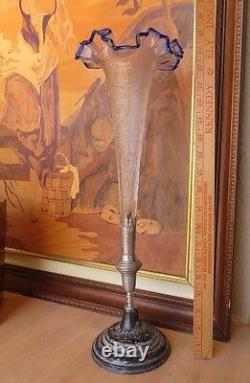 Important Art Nouveau Deco vase trumpet horn French Austrian 1900 frosted glass