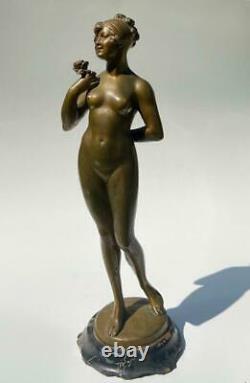 Karl Tuch Austrian Bronze Art Nouveau Jugendstil Young Woman Nude Rose Sculpture