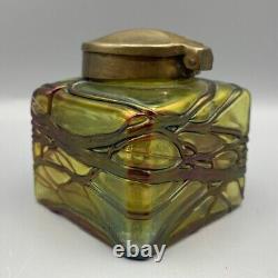 Kralik Art Nouveau Glass Inkwell Iridescent Bohemian Brass Loetz Palme Konig