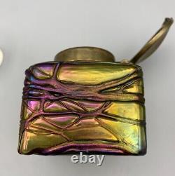 Kralik Art Nouveau Glass Inkwell Iridescent Bohemian Brass Loetz Palme Konig