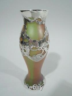 La Pierre / Loetz Vase Art Nouveau Rainbow Austrian Glass Silver Overlay