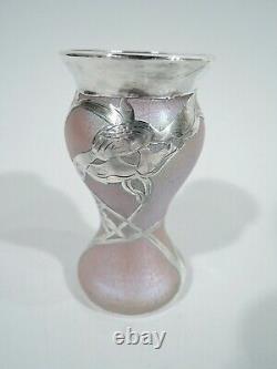 La Pierre Vase Antique Art Nouveau Bud Austrian Glass Silver Overlay