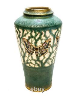 Large Amphora Turn Teplitz Pottery Enamel and Gilt 14 inch Vase, Moth, c1910