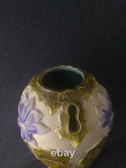 Large Antique Austrian Art Nouveau Majolica Pottery Vase Purple Flowers