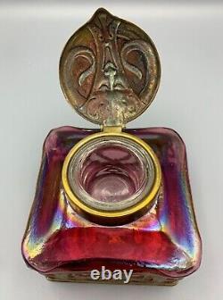 Loetz Art Nouveau Glass Inkwell Cranberry Austrian Gilt Mount Bohemian Kralik