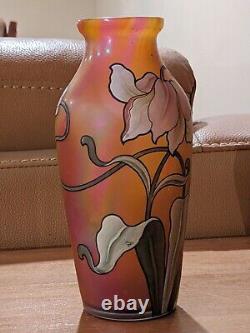 Loetz Austrian Art Glass Iridescent Vase with Hand Painted Lilies 8 1/4