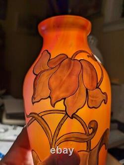 Loetz Austrian Art Glass Iridescent Vase with Hand Painted Lilies 8 1/4
