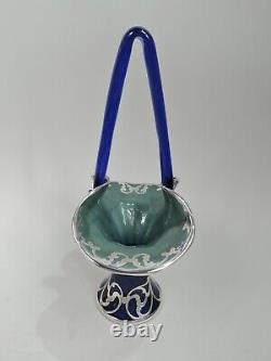 Loetz Basket Antique Art Nouveau Austrian Cobalt Blue Glass Silver Overlay
