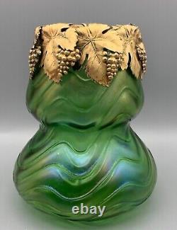 Loetz Kralik Art Glass Vases 3 Pc Austrian Gilt Dore Metal Grape Rim Optic Gourd