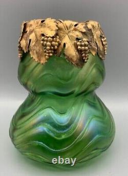 Loetz Kralik Art Glass Vases 3 Pc Austrian Gilt Dore Metal Grape Rim Optic Gourd