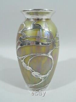 Loetz / La Pierre Medici Vase Austrian Iridescent Art Glass Silver Overlay