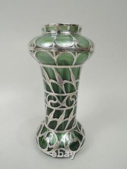 Loetz Titania Vase Antique Art Nouveau Austrian Green Glass Silver Overlay