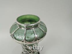 Loetz Titania Vase Antique Art Nouveau Austrian Green Glass Silver Overlay