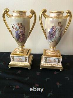 Lovely Pair Of Royal Vienna Austrian Urns Signed and dedicated by Artist C. 1880