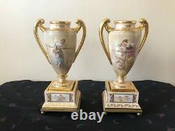 Lovely Pair Of Royal Vienna Austrian Urns Signed and dedicated by Artist C. 1880