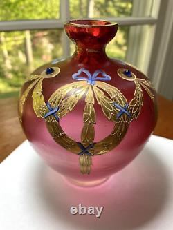 MOSER Antique BOHEMIAN Vase Pink Enameled with Gold and Jewels AUSTRIAN