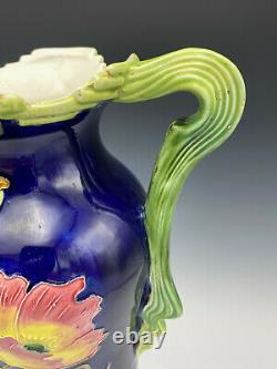 Majolica Josef Strnact Art Pottery Vase Poppies Cobalt Blue Double Handle 13