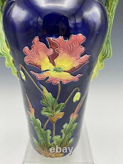 Majolica Josef Strnact Art Pottery Vase Poppies Cobalt Blue Double Handle 13