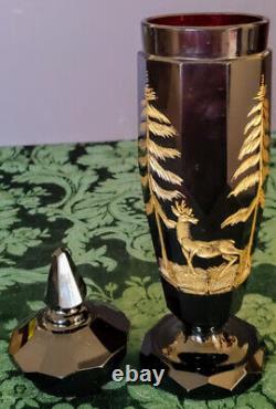 Moser 1870'S Dark Ruby Engraved Faceted Lidded Gold Gilded Amazing Art Glass