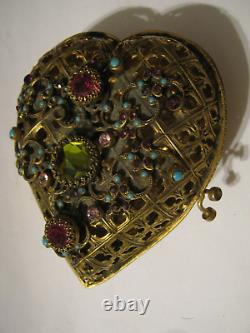 Old French, Czech or Austrian Brass Heart Shaped 4.25 Box with Jewels & Turquoise