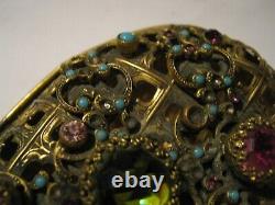 Old French, Czech or Austrian Brass Heart Shaped 4.25 Box with Jewels & Turquoise