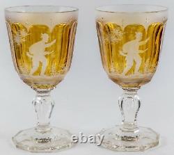 PAIR c1880 Austrian Etched Crystal Wine Glasses Deer Forest Scene Antique