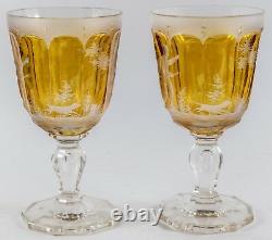 PAIR c1880 Austrian Etched Crystal Wine Glasses Deer Forest Scene Antique
