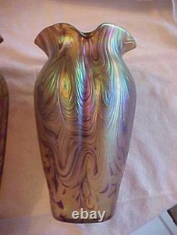PAIR of HUGE 10 Czech Bohemian Austrian Heckert Loetz Purple Iridescent Vases