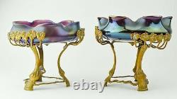 Pair Antique Austrian Art Nouveau Brass-Glass Compotes Loetz LM15