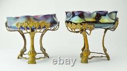 Pair Antique Austrian Art Nouveau Brass-Glass Compotes Loetz LM15