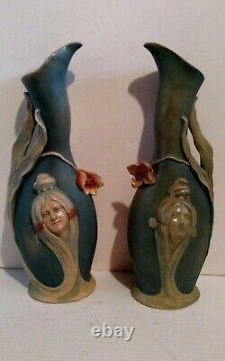 Pair Antique Austrian Teplitz Bernard Bloch Art Nouveau woman pottery ewers vase