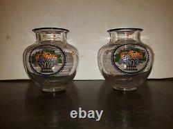 Pair Art Glass Enameled Vases Deco or Nouveau Austrian Czech