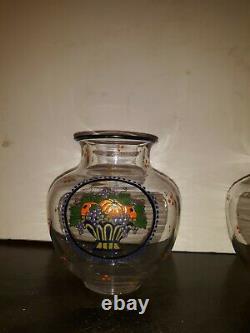 Pair Art Glass Enameled Vases Deco or Nouveau Austrian Czech