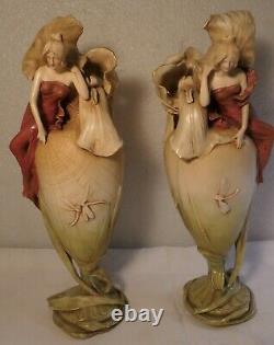 Pair Austrian Amphora Teplitz Art Nouveau Fantasy Floral Maidens Signed Vases