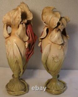 Pair Austrian Amphora Teplitz Art Nouveau Fantasy Floral Maidens Signed Vases