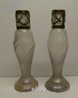 Pair Loetz Kralik Bohemian Art Nouveau Secessionist Vase Mounted Iriscedent