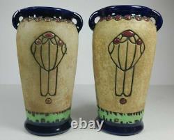 Pair Of Austrian Amphora Twin Handled Vases Art Nouveau Enamel Heron Decoration