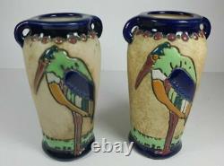 Pair Of Austrian Amphora Twin Handled Vases Art Nouveau Enamel Heron Decoration