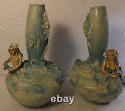 Pair Vases Austrian Amphora Teplitz Art Nouveau Mermaids Signed Bernard Block
