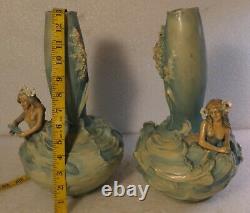 Pair Vases Austrian Amphora Teplitz Art Nouveau Mermaids Signed Bernhard Bloch