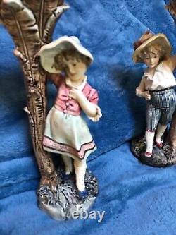 Pair large Antique Victorian Austrian Majolica Boy Girl Mantle Spill Vase chip