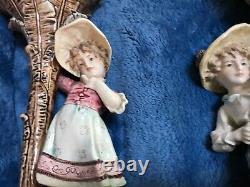 Pair large Antique Victorian Austrian Majolica Boy Girl Mantle Spill Vase chip