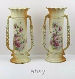 Pair of Austrian Art Nouveau Porcelain Floral Decorated Double Handle Vases 11